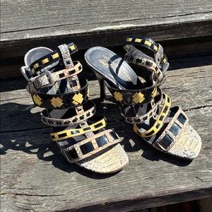 Donald J. Pliner Black and Yellow Strappy Snakeskin-Texture Heels